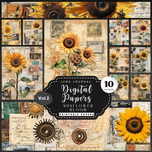 Accoglienti pagine di diario rustico con girasole del pomeriggio con scritte vintage e oggetti effimeri senza tempo