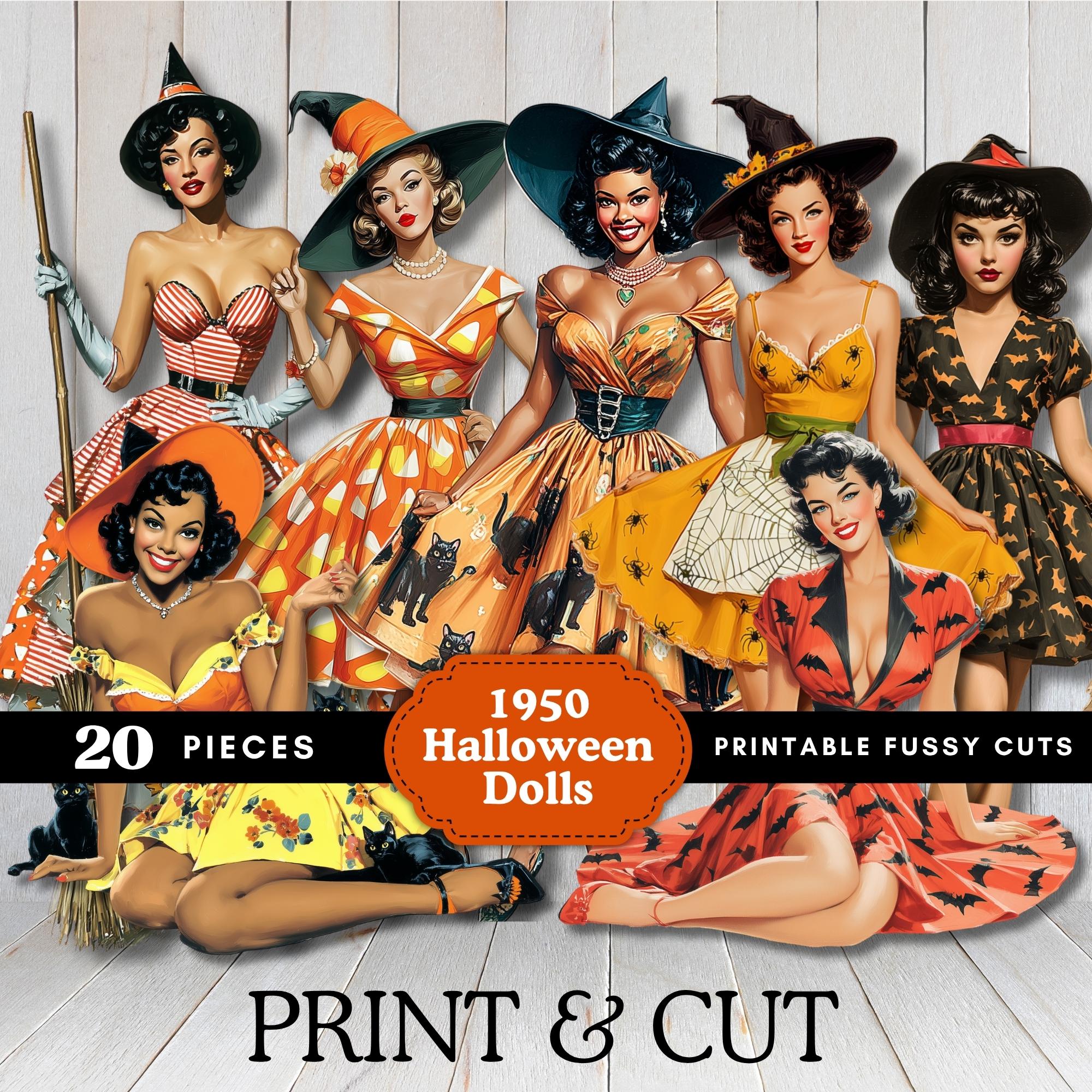 Halloween Retro Paper Dolls - 50s Lady Fussy Cuts for Scrapbooking & Junk Journals - Vintage Halloween Craft Supplies embellishments