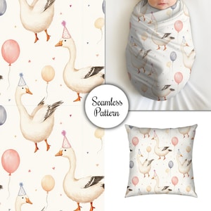 Silly Goose Spring Seamless Pattern Vintage Cottagecore Whimsical Cute Watercolor Birthday Party Baby Shower Wildflowers Balloons