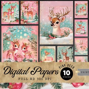 10 pagine di diario di Natale rosa con cervi, acquerello per bambini, cancelleria natalizia retrò, acquerello carino, adorabile, renna vintage PCD01