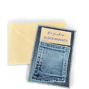 handgemachte Jeans-Karte "Herzlichen Glückwunsch" mit Geschenkfach für Geld oder Gutschein, Glückwunschkarte zum Geburtstag, Abitur, Prüfung