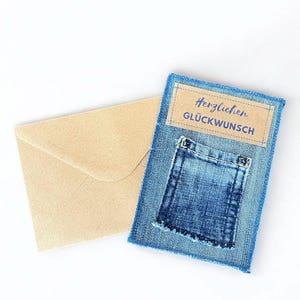 Herzlichen-Glückwunsch-Karte mit Geschenkfach für Geld oder Gutschein aus Jeans, Glückwunschkarte zum Geburtstag, Geldgeschenkverpackung