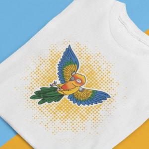 Fliegender Sonnensittich T-Shirt: Buntes Vogel-Liebhaber-T-Shirt für Papageien-Liebhaber