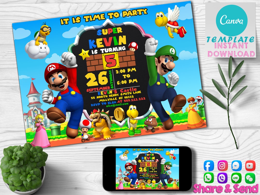 Super Mario Bros Digital Birthday Invitation Super Mario Brothers Editable Printable Mario ...