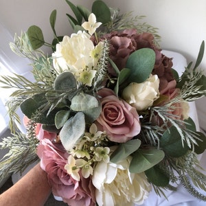 Luxury Dusky Pink & Sage Green Bouquet-Wedding-Rustic-matching bridesmaid/corsage decorations-Faux Wedding Flowers-Forever Flowers-Bows