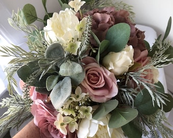 Dusky Pink Wedding Bouquet – Rustic Sage Green Faux Flower Arrangement