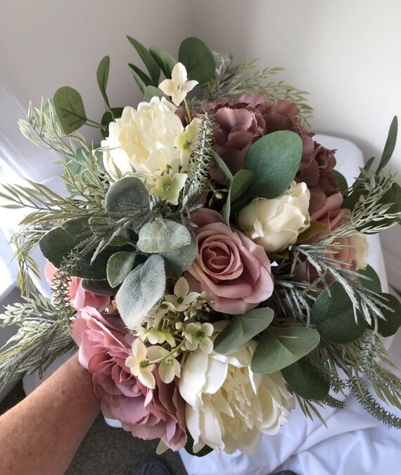 Luxury Dusky Pink & Sage Green Bouquet-wedding-rustic-matching  Bridesmaid/corsage Decorations-faux Wedding Flowers-forever Flowers-bows 