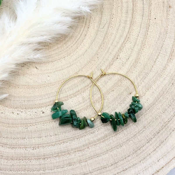 boucles d'oreilles créoles or et pierre gemme véritable jade