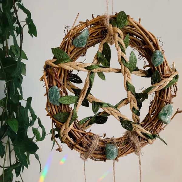 Wicca Salem Wreath for Front Door, Evergreen Grapevine Witch Bell, Magical Money Prosperity Spell Jar, Energy Altar Door Chimes Witchy Decor