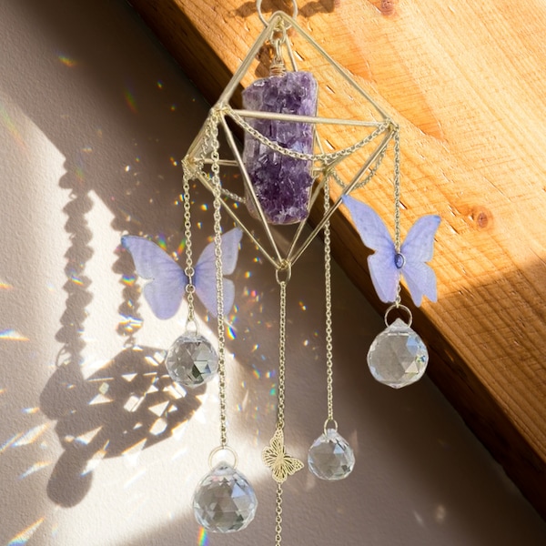 Amethyst Crystal Suncatcher, Aesthetic Butterfly Fairycore Garden, Fantasy Car Hanging Purple Quartz, Healing Emotion Moon Child