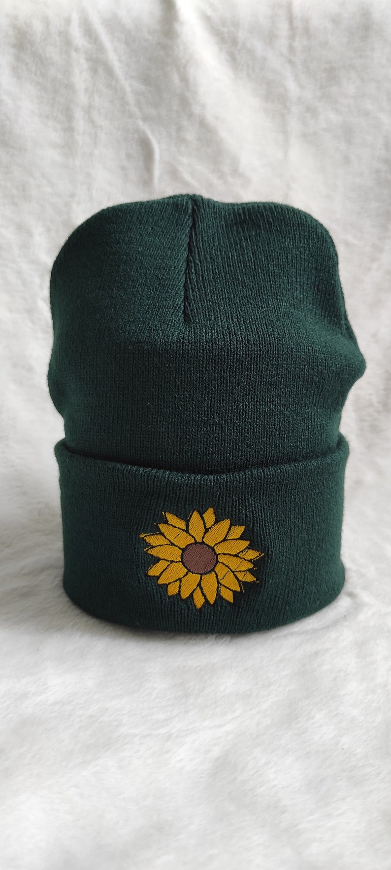 Embroidered Sunflower Beanie Hat, Dark Green Beanie, Spring Beanie, One