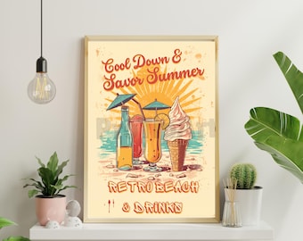 Retro poster stranddrankjes, zomercocktail, softijs (digitale download)