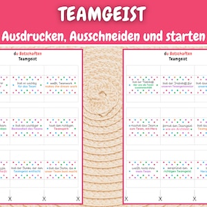 Puede incluir: Una hoja imprimible de tarjetas con lunares coloridos y texto en alem&aacute;n. El texto en las tarjetas dice "du Botschaften Teamgeist" e incluye frases como "bist ein wahrer Teamplayer" y "wei&szlig;t, Teamwork makes the dream work".
