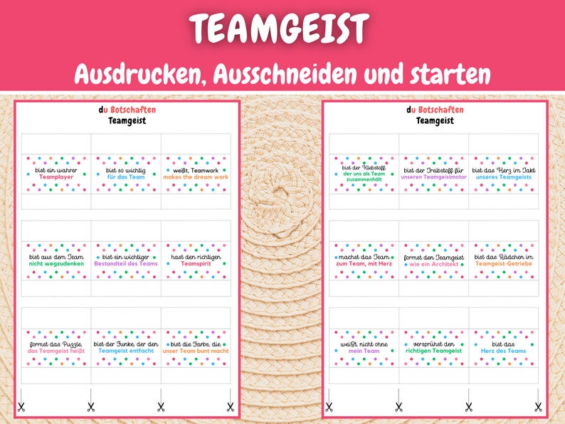 Puede incluir: Una hoja imprimible de tarjetas con lunares coloridos y texto en alem&aacute;n. El texto en las tarjetas dice "du Botschaften Teamgeist" e incluye frases como "bist ein wahrer Teamplayer" y "wei&szlig;t, Teamwork makes the dream work".
