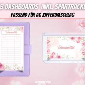 Pode incluir: Um fich&aacute;rio A6 roxo com z&iacute;per com um design floral e o texto "Lebensmittel" em um cart&atilde;o branco dentro. O fich&aacute;rio est&aacute; aberto e o cart&atilde;o &eacute; vis&iacute;vel. O texto "38 Dashboards inkl. SparTracker Passend f&uuml;r A6 Zipperrumschlag" est&aacute; no topo da imagem.