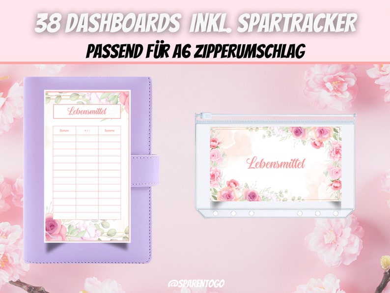 Pode incluir: Um fich&aacute;rio A6 roxo com z&iacute;per com um design floral e o texto "Lebensmittel" em um cart&atilde;o branco dentro. O fich&aacute;rio est&aacute; aberto e o cart&atilde;o &eacute; vis&iacute;vel. O texto "38 Dashboards inkl. SparTracker Passend f&uuml;r A6 Zipperrumschlag" est&aacute; no topo da imagem.
