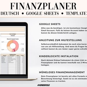 May include: A screenshot of a computer screen showing a Google Sheets template for a German personal finance planner. The template includes a pie chart, a table, and text in German. The text on the screen says "FINANZPLANER" and "DEUTSCH GOOGLE SHEETS TEMPLATE".