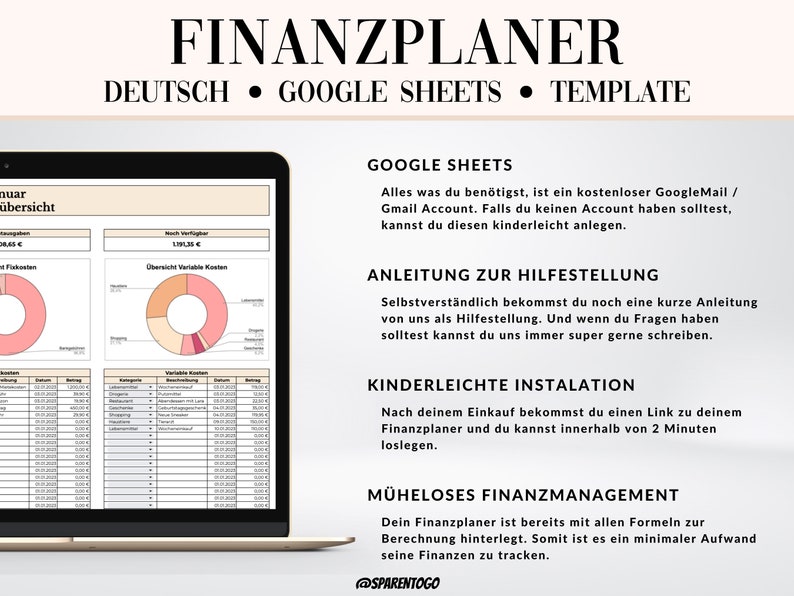 May include: A screenshot of a computer screen showing a Google Sheets template for a German personal finance planner. The template includes a pie chart, a table, and text in German. The text on the screen says "FINANZPLANER" and "DEUTSCH GOOGLE SHEETS TEMPLATE".