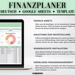 Pode incluir: Um ecr&atilde; de computador port&aacute;til que mostra um modelo Google Sheets para um planeador financeiro pessoal alem&atilde;o. O modelo inclui gr&aacute;ficos, tabelas e instru&ccedil;&otilde;es de utiliza&ccedil;&atilde;o. O texto no ecr&atilde; diz "FINANZPLANER", "DEUTSCH", "GOOGLE SHEETS", "TEMPLATE", "GOOGLE SHEETS", "ANLEITUNG ZUR HILFESTELLUNG", "KINDERLEICHTE INSTALATION" e "M&Uuml;HELOSES FINANZMANAGEMENT".