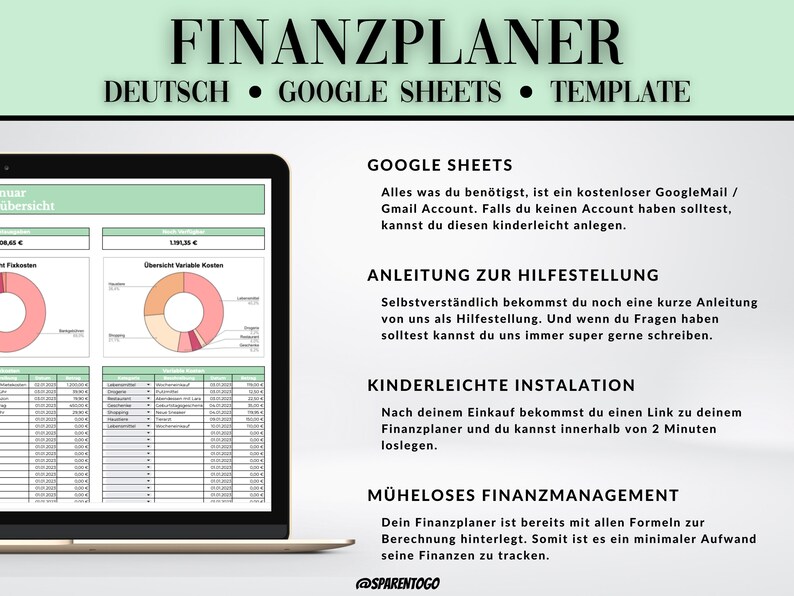 Pode incluir: Um ecr&atilde; de computador port&aacute;til que mostra um modelo Google Sheets para um planeador financeiro pessoal alem&atilde;o. O modelo inclui gr&aacute;ficos, tabelas e instru&ccedil;&otilde;es de utiliza&ccedil;&atilde;o. O texto no ecr&atilde; diz "FINANZPLANER", "DEUTSCH", "GOOGLE SHEETS", "TEMPLATE", "GOOGLE SHEETS", "ANLEITUNG ZUR HILFESTELLUNG", "KINDERLEICHTE INSTALATION" e "M&Uuml;HELOSES FINANZMANAGEMENT".