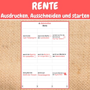May include: A printable game board with a red title "RENTE" and the instructions "Ausdrucken, Ausschneiden und starten" in German. The board is divided into nine squares with different titles in German, such as "Chefin der Freizeit" and "Meisterin der Gem&uuml;tlichkeit".