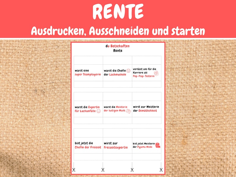 May include: A printable game board with a red title "RENTE" and the instructions "Ausdrucken, Ausschneiden und starten" in German. The board is divided into nine squares with different titles in German, such as "Chefin der Freizeit" and "Meisterin der Gem&uuml;tlichkeit".