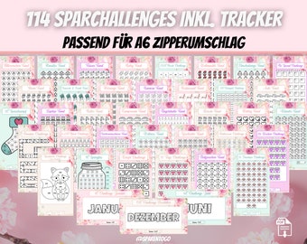 114 Spar Challenges Tracker suitable for envelope method Budgetbinder, Sparbinder, Budget - German Version - Digital Download PDF