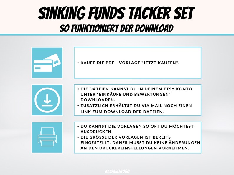 Puede incluir: Un gr&aacute;fico azul con iconos blancos y texto que explica c&oacute;mo descargar un conjunto de seguimiento de fondos de previsi&oacute;n. El texto dice "Sinking Funds Tracker Set" y "So funktioniert der Download". Los iconos muestran una tarjeta de cr&eacute;dito, una flecha de descarga y una impresora.