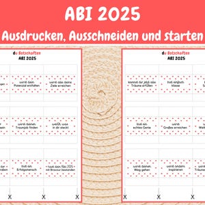 May include: A printable set of 12 motivational cards with red polka dots and the text "du Botschaften ABI 2025" at the top. The cards feature encouraging messages for graduates, such as "You will reach all your goals" and "You are a true winner".