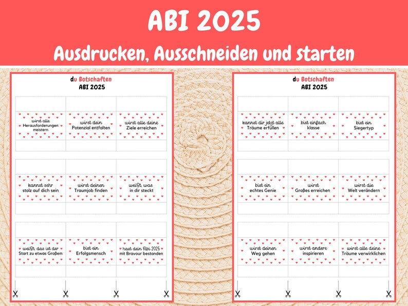 May include: A printable set of 12 motivational cards with red polka dots and the text "du Botschaften ABI 2025" at the top. The cards feature encouraging messages for graduates, such as "You will reach all your goals" and "You are a true winner".
