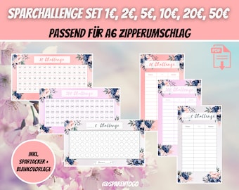 Sparchallenge Set 1, 2, 5, 10, 20, 50 Euro + Blanko Vorlage inkl. Spar Tracker | Passend für A6 Geldumschläge, A6 Cash Binders | PDF Datei