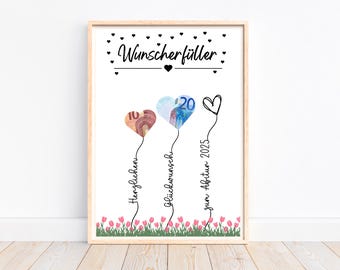 May include: A white framed print with the text "Wunscherschiller" and three heart-shaped balloons made of money. The balloons are labelled "Herzlichen", "Glückwunsch" and "zum Abitur 2025".