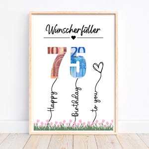 Cash gift 75th birthday wish fulfiller, personal birthday gift best friend gift idea woman, last minute gift download
