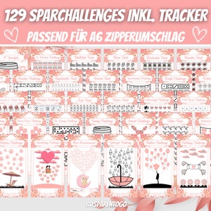 Può includere: Un set di 129 carte sfida stampabili con un design floreale rosa e bianco. Le carte presentano diverse sfide, come "Star Count", "Balloon Challenge" e "Minute Challenge". Il testo "129 SPARCHALLENGES INKL. TRACKER PASSEND FÜR AG ZIPPERUMSCHLAG" è in cima all'immagine.