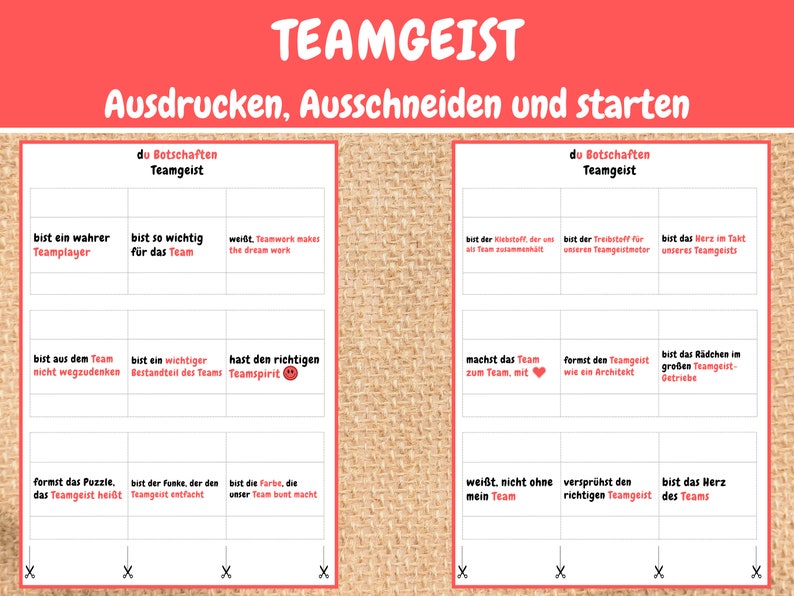 May include: A printable worksheet with the title "Teamgeist" in red text. The worksheet has 18 cards with phrases about teamwork. The phrases are in German. The cards are designed to be cut out and used as a team-building activity.