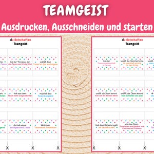 Puede incluir: Un conjunto imprimible de 12 tarjetas con lunares coloridos y texto en alem&aacute;n. Las tarjetas presentan frases sobre el trabajo en equipo y el esp&iacute;ritu de equipo. El texto en las tarjetas dice "du Botschaften Teamgeist".