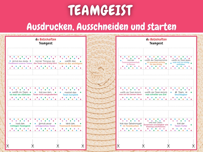 Puede incluir: Un conjunto imprimible de 12 tarjetas con lunares coloridos y texto en alem&aacute;n. Las tarjetas presentan frases sobre el trabajo en equipo y el esp&iacute;ritu de equipo. El texto en las tarjetas dice "du Botschaften Teamgeist".