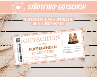 Personalized city trip voucher, city trip gift voucher, travel voucher vacation, birthday gift idea voucher template, PDF