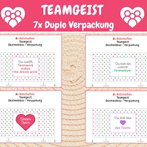 Puede incluir: Cuatro etiquetas de regalo imprimibles con un fondo de lunares coloridos y mensajes inspiradores de trabajo en equipo. El texto en las etiquetas dice: "Sabes que el trabajo en equipo hace que el sue&ntilde;o funcione", "Eres un verdadero jugador de equipo", "Dream Team" y "Eres el coraz&oacute;n del equipo".