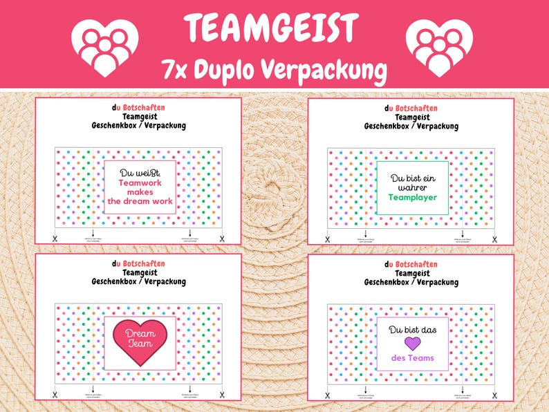 Puede incluir: Cuatro etiquetas de regalo imprimibles con un fondo de lunares coloridos y mensajes inspiradores de trabajo en equipo. El texto en las etiquetas dice: "Sabes que el trabajo en equipo hace que el sue&ntilde;o funcione", "Eres un verdadero jugador de equipo", "Dream Team" y "Eres el coraz&oacute;n del equipo".
