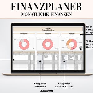 May include: A laptop screen displaying a spreadsheet for personal finance planning. The spreadsheet includes a monthly budget, income, and expenses. The spreadsheet is titled "Finanzplaner" and "Monatliche Finanzen".
