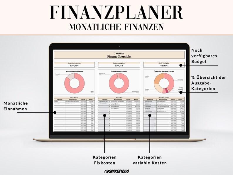 May include: A laptop screen displaying a spreadsheet for personal finance planning. The spreadsheet includes a monthly budget, income, and expenses. The spreadsheet is titled "Finanzplaner" and "Monatliche Finanzen".