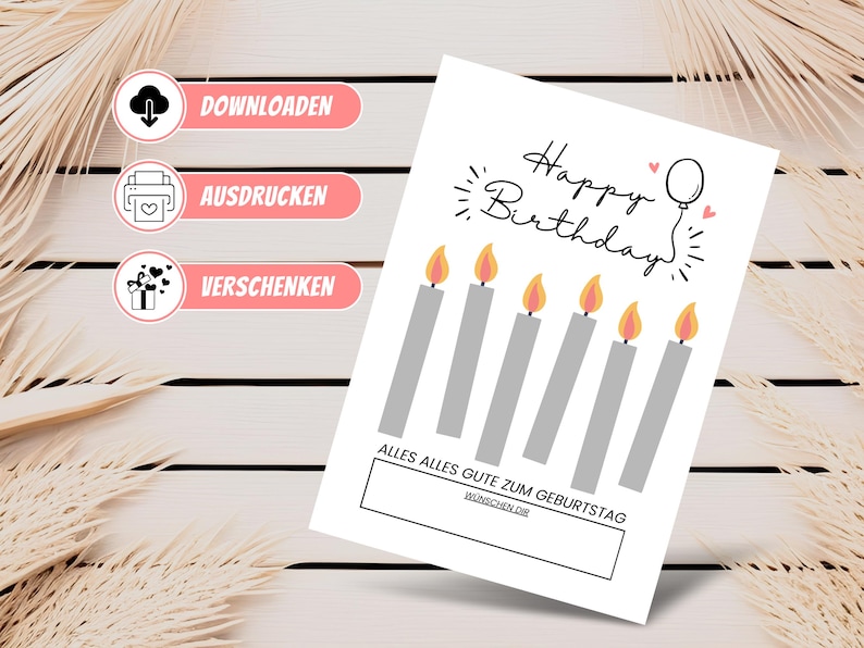 May include: Printable Happy Birthday card with a white background and a gray border. The card features a balloon, candles, and the text "Happy Birthday". The card also includes a space for a personalized message.