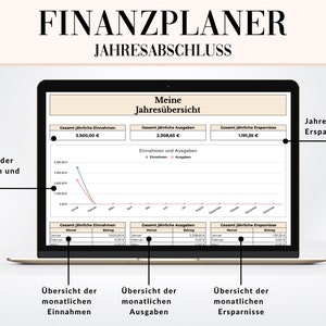 May include: A laptop screen displaying a financial planner app with a line graph showing income and expenses over a year. The app shows a yearly income of $3,500.00, yearly expenses of $2,308.65, and yearly savings of $1,191.35. The app is titled "Finanzplaner Jahresabschluss" and "Meine Jahres&uuml;bersicht".