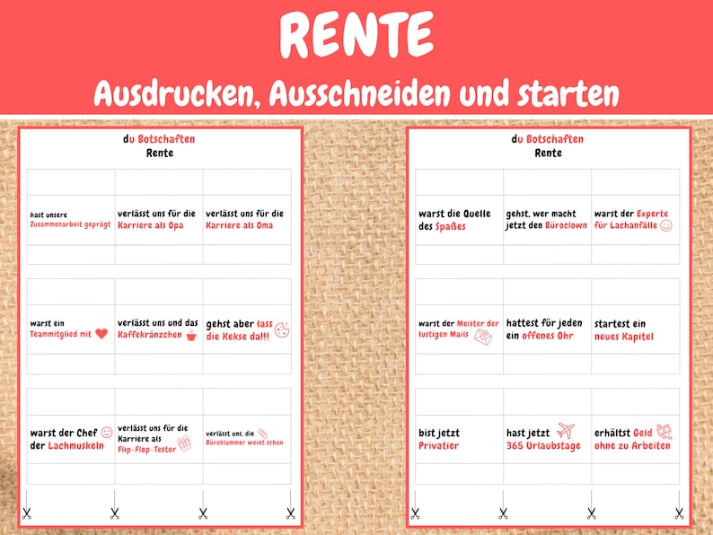 May include: A printable set of nine cards with humorous retirement messages. The cards are white with red borders and red text. The text on the cards includes phrases like "You're the source of fun" and "You're the expert on laughing fits".