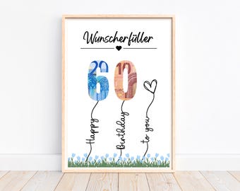 Cash gift 60th birthday wish fulfiller birthday gift gift idea, creative cash gift, last minute gift to print