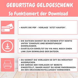 May include: A pink and white graphic with instructions on how to download a printable gift money envelope template. The graphic includes three icons: a credit card, a download arrow, and a printer. The text reads: "Birthday Gift Money Envelope. So how the download works. Buy the PDF template "Buy Now". The files can be downloaded from your Etsy account under "Purchases and Reviews". You will also receive a download link via email. You can print the templates as often as you like. The size of the templates is already set, so you don't need to make any changes to your printer settings."