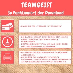 May include: A red and white graphic with the text "TEAMGEIST" and "So Funktioniert der Download". The graphic explains how to download digital files purchased on Etsy. The graphic includes icons for a credit card, a download arrow, and a printer.