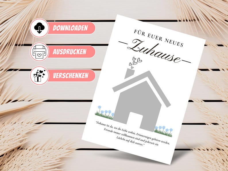 K&ouml;nnte beinhalten: Druckbare Karte mit einer grauen Haus-Illustration und dem Text "F&uuml;r euer neues Zuhause" in Schwarz. Die Karte enth&auml;lt auch den Text "Zuhause ist da, wo die Liebe wohnt, Erinnerungen geboren werden, Freunde immer willkommen sind und jeder ein L&auml;cheln auf dich wartet."