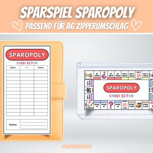 May include: A pink and white Sparopoly board game for kids, with a score sheet and a zippered pouch. The game board features a question mark, a piggy bank, and a dice.